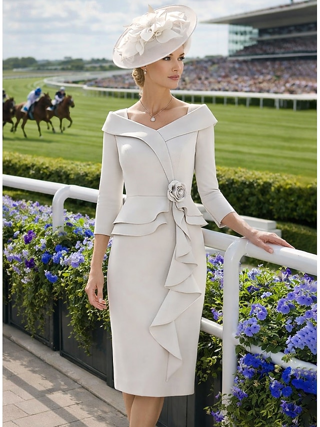 mother of the bride dresses wedding guest dresses tea length stretch fabric 3/4 length sleeve v neck, supplier image 1