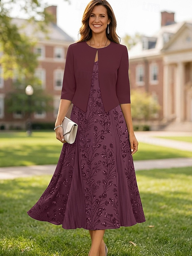 two piece a-line mother of the bride dresses wedding guest dresses tea length chiffon lace v neck, supplier image 12