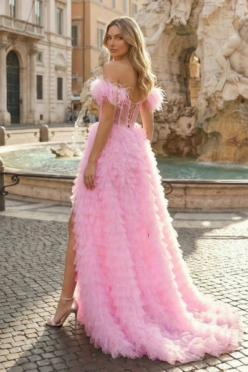 A Line Sweetheart Tiered Tulle Long Prom Dresses With Slit Evening Dresses, product image 2