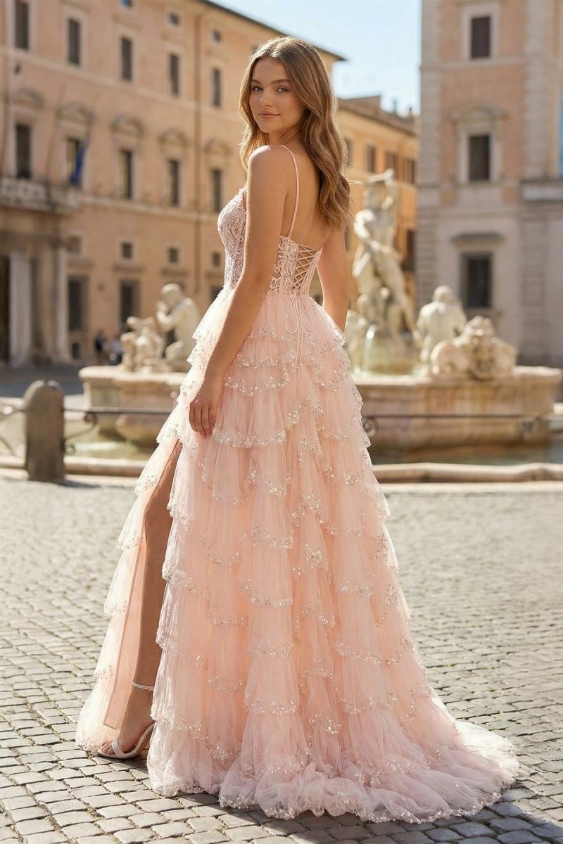 Straps Black Mesh Cutout Sequined Layered Long Prom Dresses Evening Dresses, product image 2