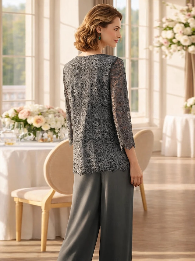 3 piece jumpsuit pantsuit floor-length mother of the bride dress wedding guest dress formal dress jewel neck sleeveless chiffon lace elegant, supplier image 2