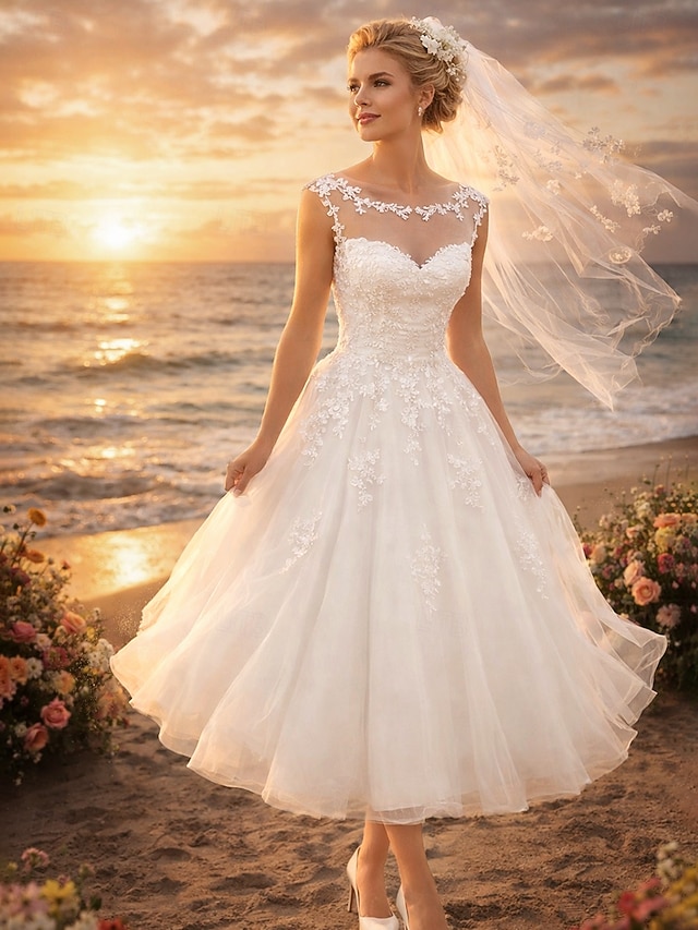 a-line tea-length little white dress wedding dress illusion neck sleeveless lace tulle, supplier image 1