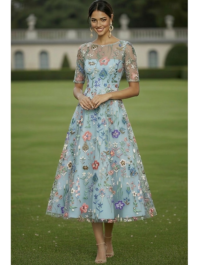 a-line tea length mother of the bride dresses wedding guest dresses cocktail dresses half sleeve crew neck elegant casual chiffon tulle, supplier image 1