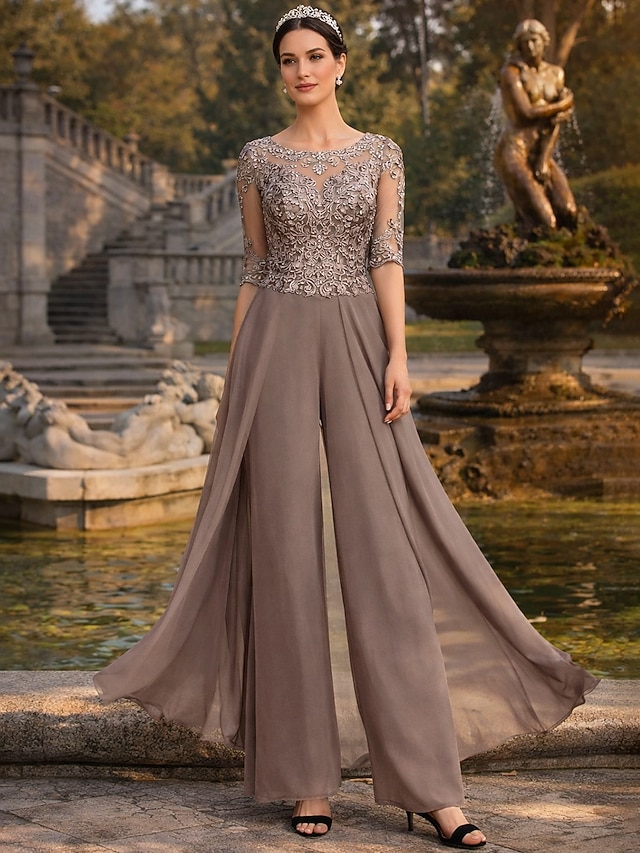 two piece jumpsuit pantsuit floor length mother of the bride dresses half sleeve bateau neck elegant chiffon with appliques, supplier image 1