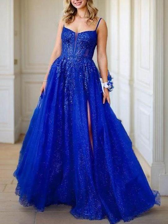 A-Line Tulle Applique Spaghetti Sleeveless Sweep Corset Prom Dresses