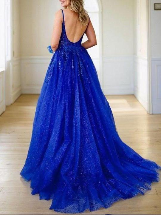 A-Line Tulle Applique Spaghetti Straps Sleeveless Sweep Train Corset Prom Dresses