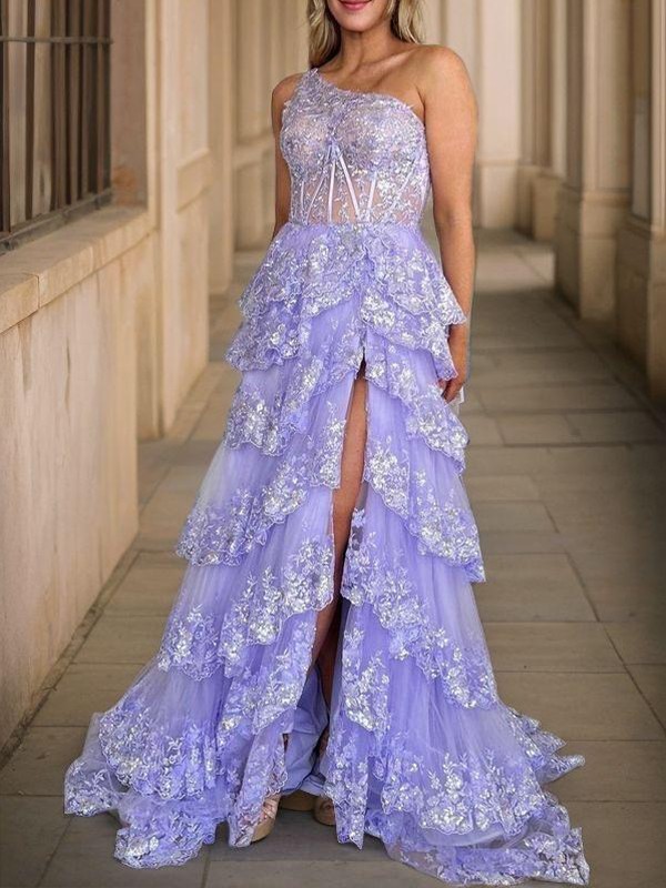 A-Line Tulle One-Shoulder Sleeveless Court Corset Prom Dresses