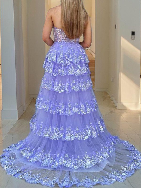 A-Line Tulle Applique One-Shoulder Sleeveless Court Train Corset Prom Dresses
