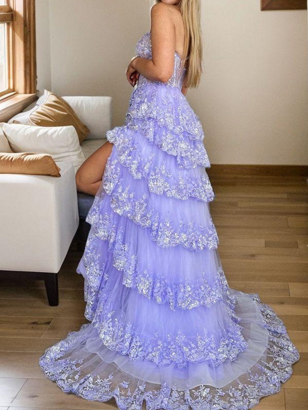 A-Line Tulle Applique One-Shoulder Sleeveless Court Train Corset Prom Dresses