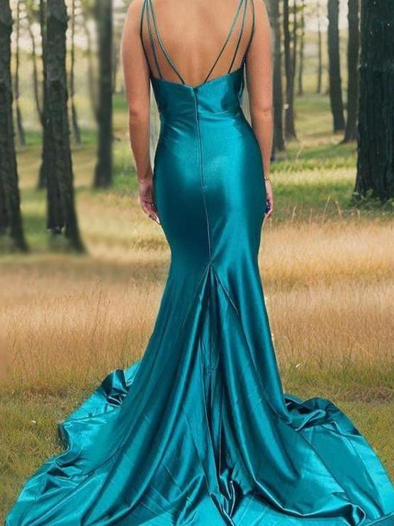 Sheath Silk like Satin Ruched V-neck Sleeveless Court Train Prom Dresses