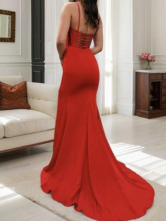 Sheath/Column Crepe Spaghetti Straps Sleeveless Sweep Train Prom Dresses