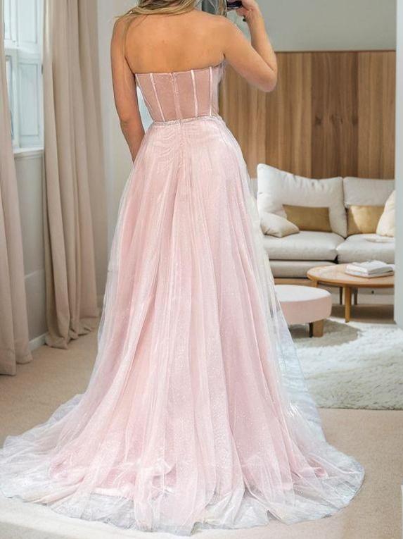 A-Line Tulle Sweetheart Sleeveless Sweep Train Corset Prom Dresses