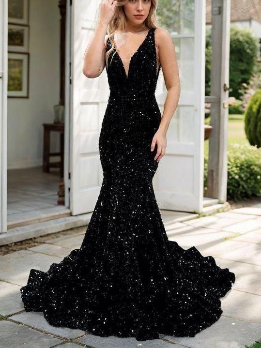 Mermaid Velvet Sequins Sequin V-neck Sleeveless Sweep Train Prom Dress