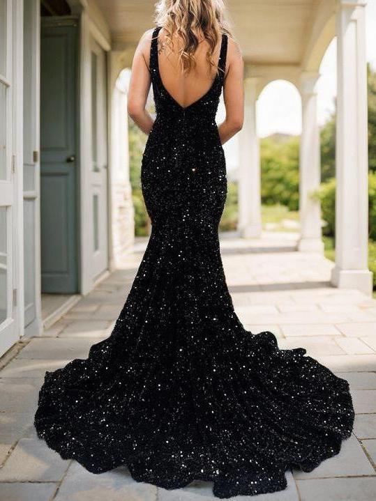 Mermaid Velvet Sequins Sequin V-neck Sleeveless Sweep Train Prom Dresses