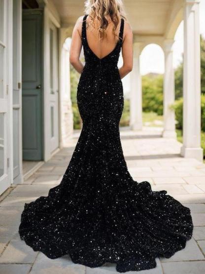 Dress Mermaid Velvet Sequins Sequin V-neck Sleeveless Sweep Train Prom Dress