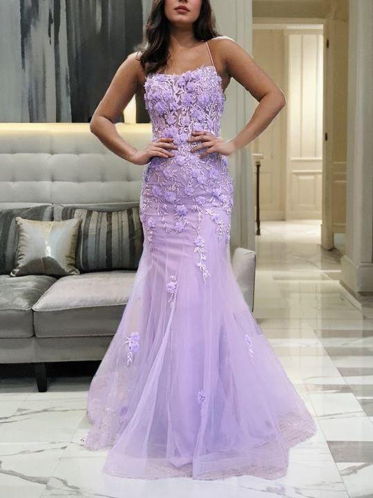 Sheath Tulle Spaghetti Straps Sleeveless Sweep Train Corset Prom Dresses