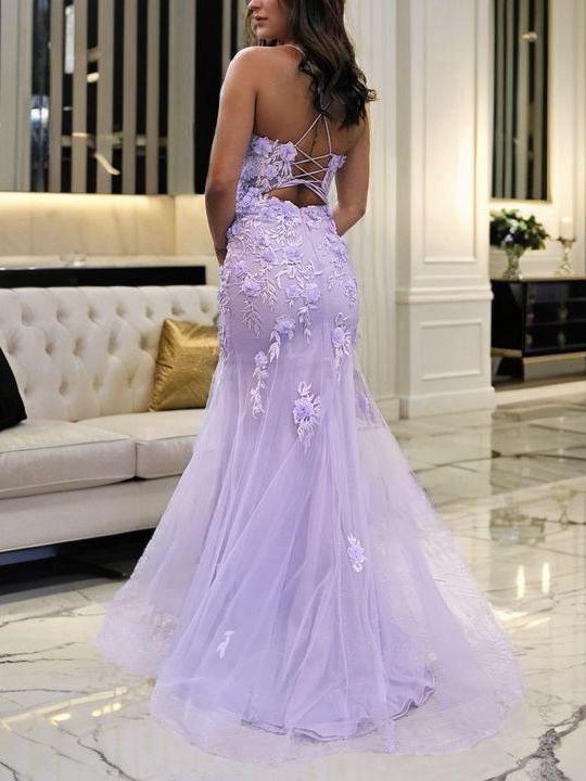 Sheath Tulle Spaghetti Straps Sleeveless Sweep Train Corset Prom Dresses