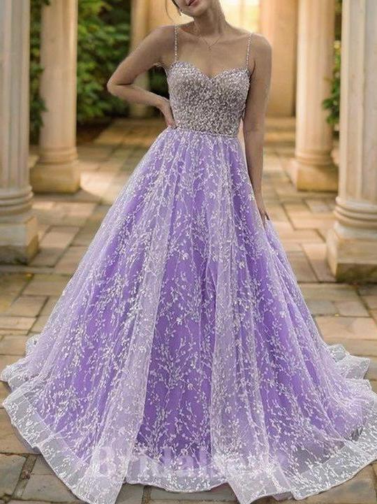 A-Line Lace Applique Spaghetti Straps Sweep Train Prom Dresses