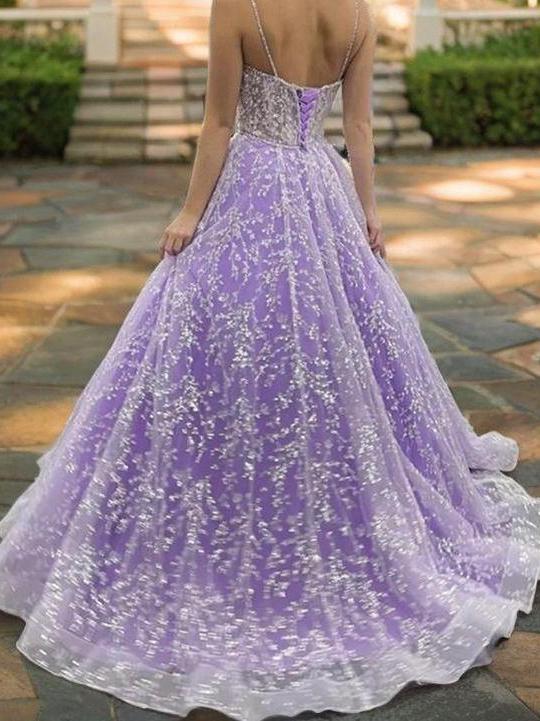 A-Line Lace Applique Spaghetti Straps Sweep Train Prom Dresses