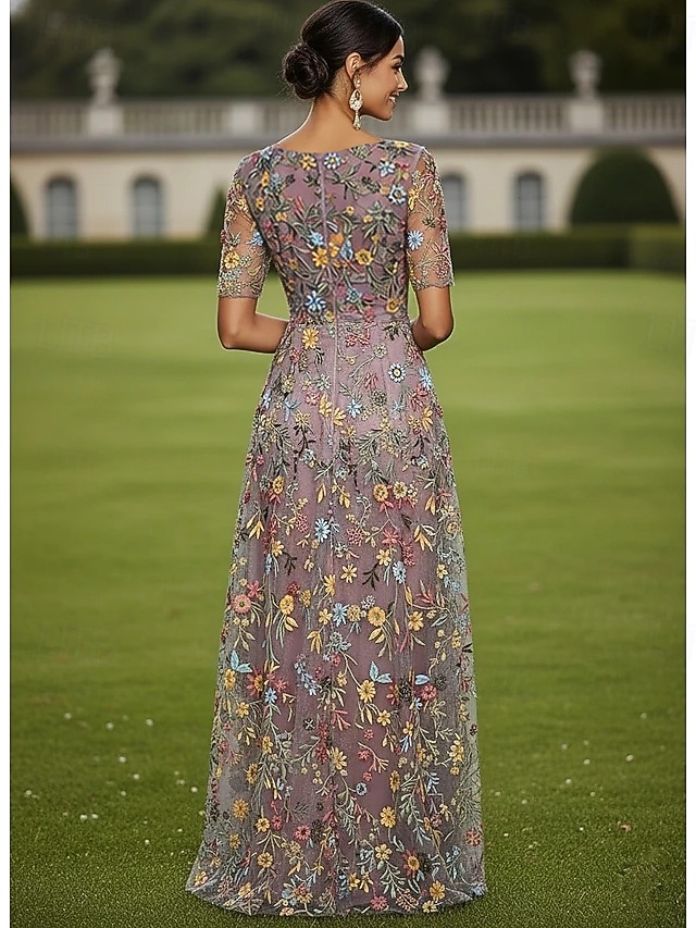 a-line floor length mother of the bride dresses cocktail dresses party dresses half sleeve plunging neck elegant vintage luxurious tulle, supplier image 2