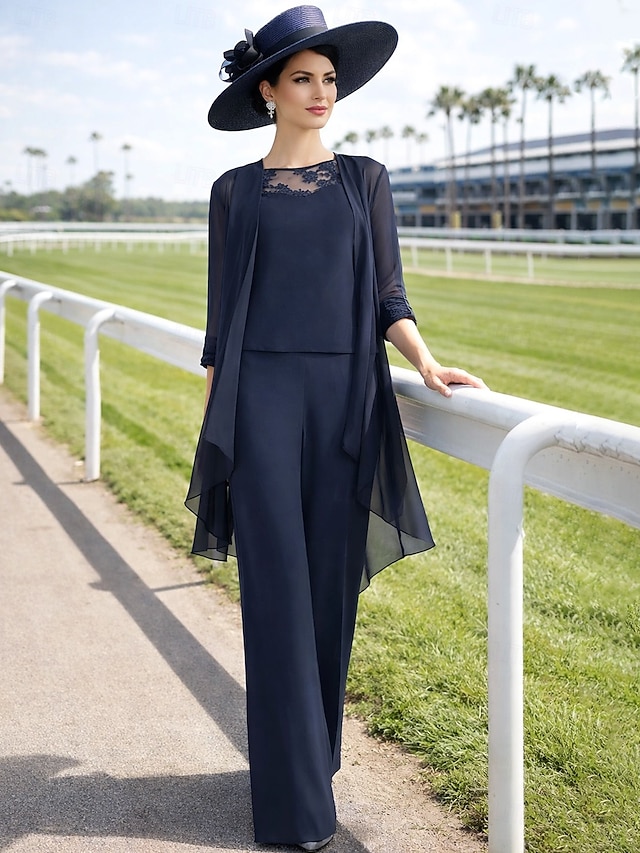 3 piece jumpsuit pantsuit floor-length mother of the bride dress wedding guest dress formal dress jewel neck sleeveless chiffon lace elegant, supplier image 1