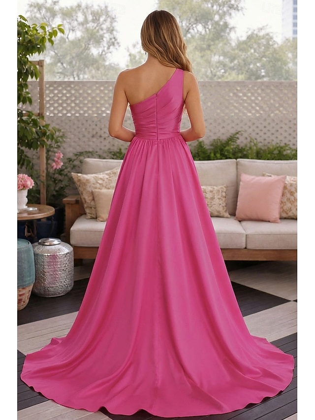 a-line floor-length wedding guest dress prom dress evening gown one-shoulder sleeveless satin elegant simple, supplier image 2