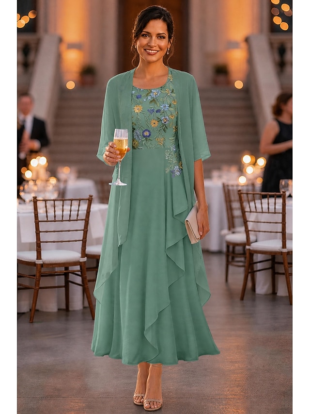 two piece a-line mother of the bride dresses ankle length chiffon lace with embroidery half sleeve, supplier image 1