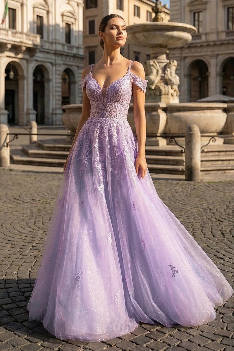 Princess Spaghetti Straps Floor-Length Tulle Prom Dresses With Beading Appliqued Evening Dresses, product image 1