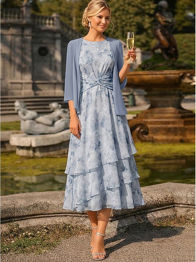 two piece a-line mother of the bride dresses wedding guest dresses tea length chiffon jacquard, supplier image 8