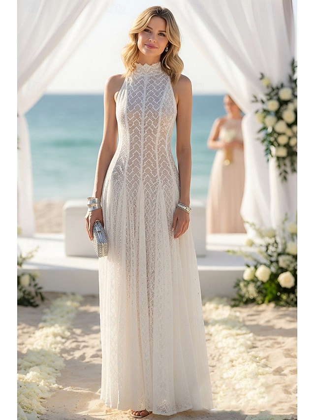 a-line floor-length little white dress wedding dress high neck sleeveless, supplier image 10