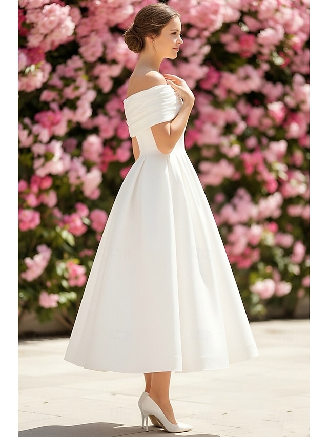 a-line ankle-length little white dress wedding dress cocktail dress formal dress off-the-shoulder sleeveless satin, supplier image 2