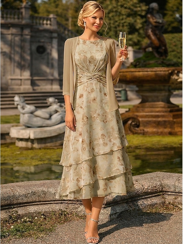 two piece a-line mother of the bride dresses wedding guest dresses tea length chiffon jacquard, supplier image 13