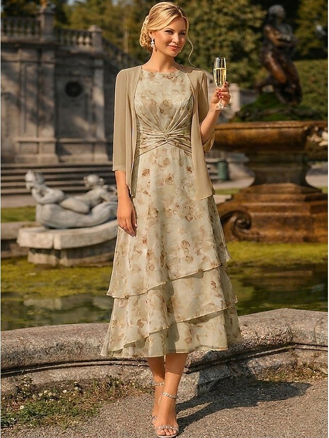 two piece a-line mother of the bride dresses wedding guest dresses tea length chiffon jacquard, supplier image 13