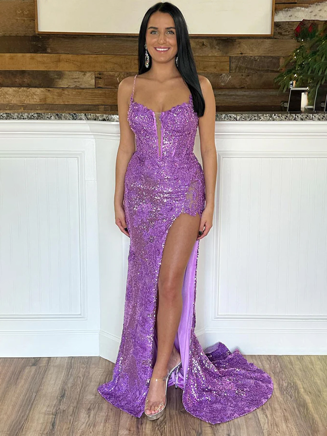 Mermaid Tulle Spaghetti Straps Appliques with Side Slit Prom Dress