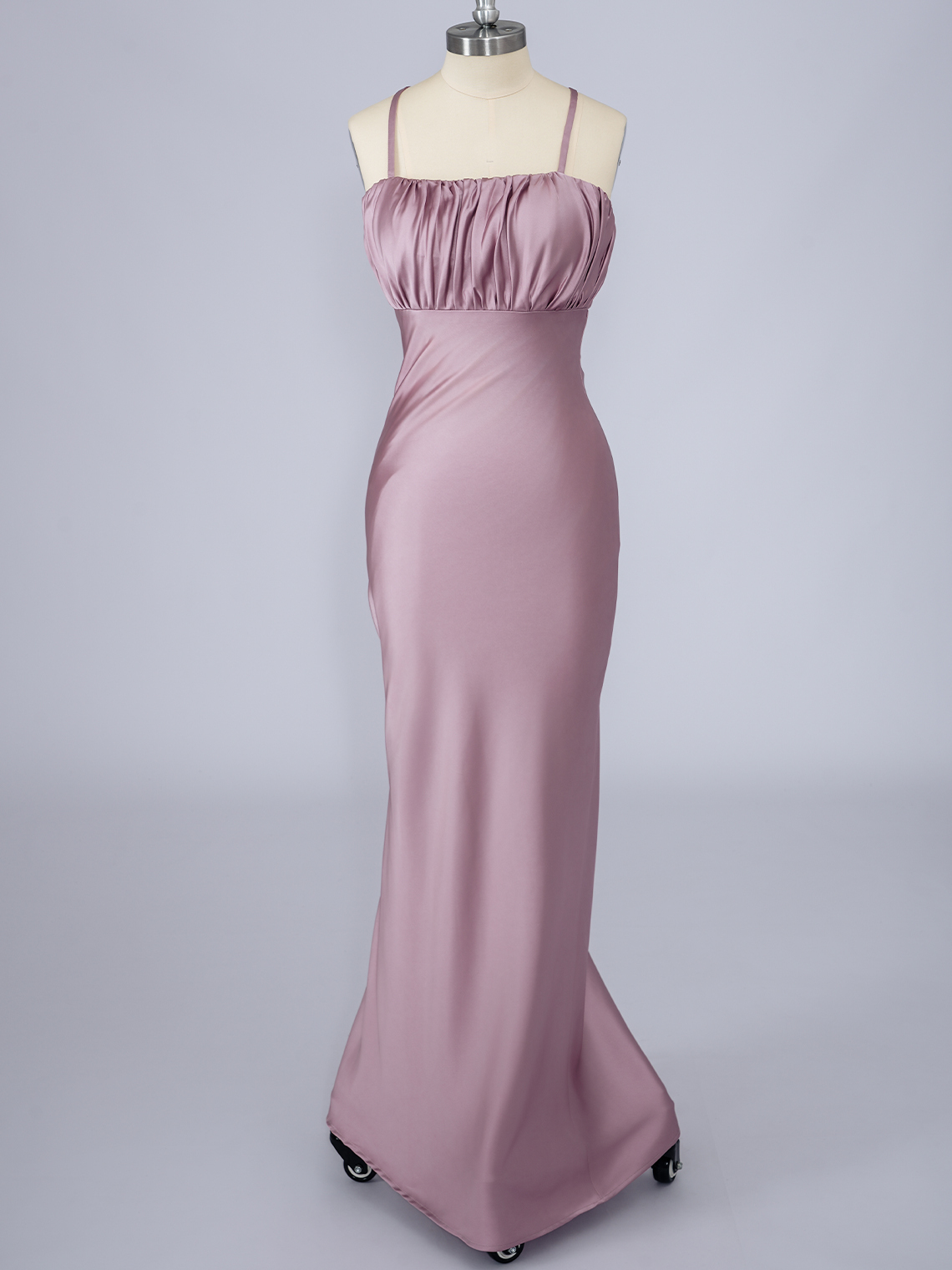 Dusty Rose Mermaid Silk Satin Spaghetti With Ruffles Long Prom Dress