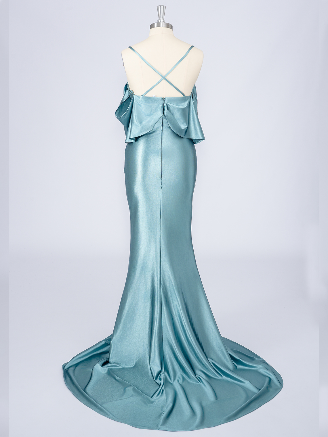 Dusty Blue Mermaid Satin Spaghetti Solid Color With Pleats Prom Dress