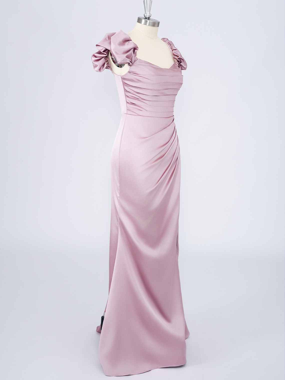 Dusty Rose Solid Color Sheath Satin Square Neck With Slit Prom Dress