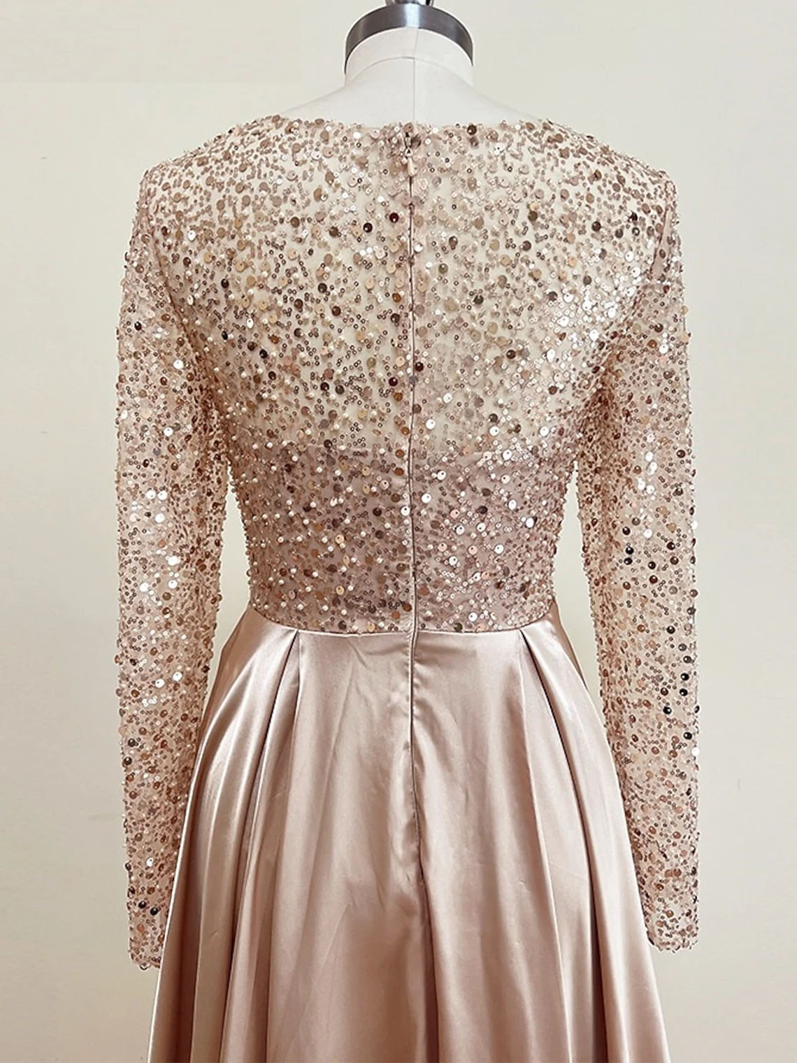 Mermaid Sequin Satin Long Sleeves with Pearls Long Evening Dress