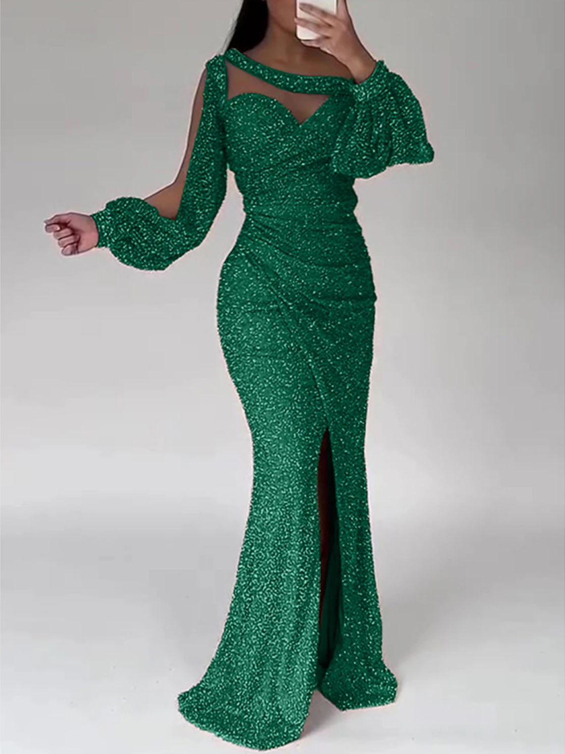 Sparkle Mermaid Sequin Long Sleeve Scoop Neck with Slit Evening Dress