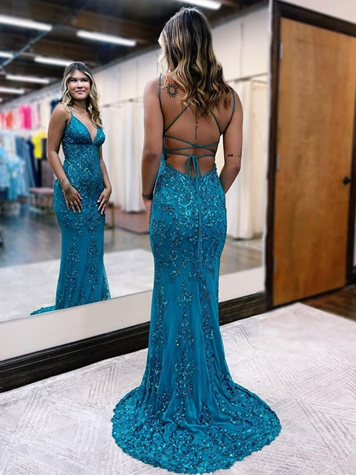 Ocean Blue Chiffon V neck Sleeveless With Sequin Long Evening Dress