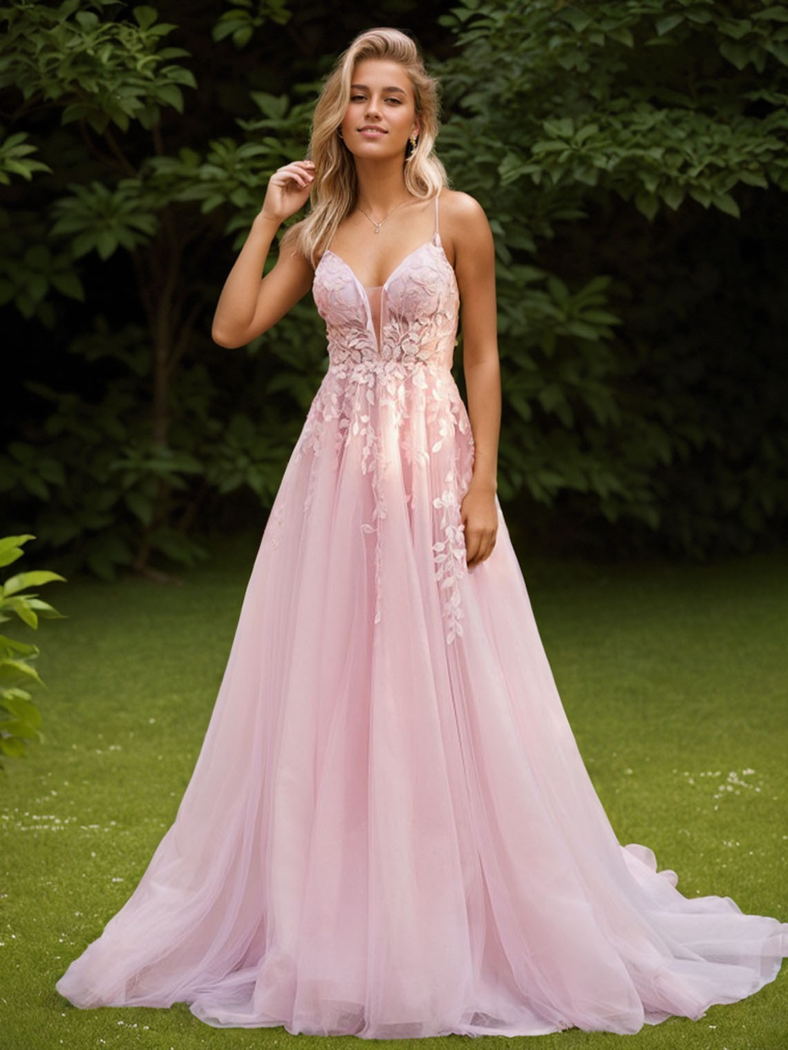 Pink A-Line Tulle V-neck Sleeveless With Applique Long Prom Dress