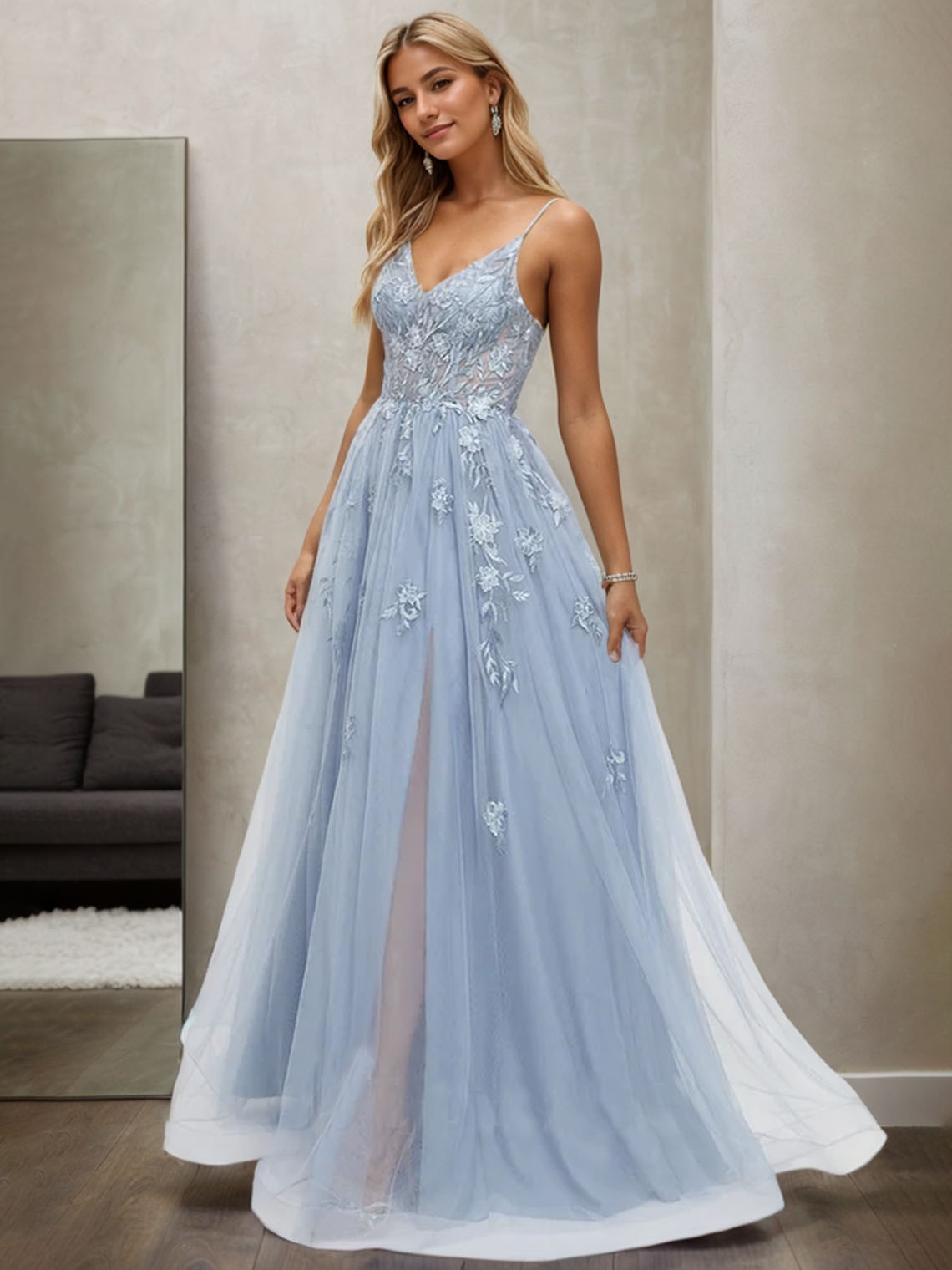 Blue Tulle A-line V Neck Sleeveless Floor Length Long Prom Dress