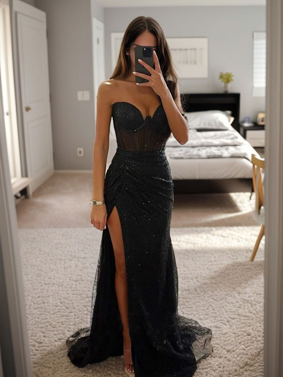 Sheath Sequin Sweetheart Sleeveless With Slit Long Prom Dress