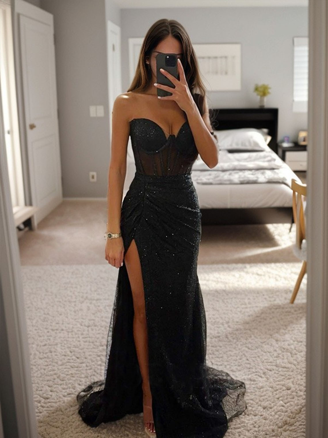 Sheath Sequin Sweetheart Sleeveless With Slit Long Prom Dress