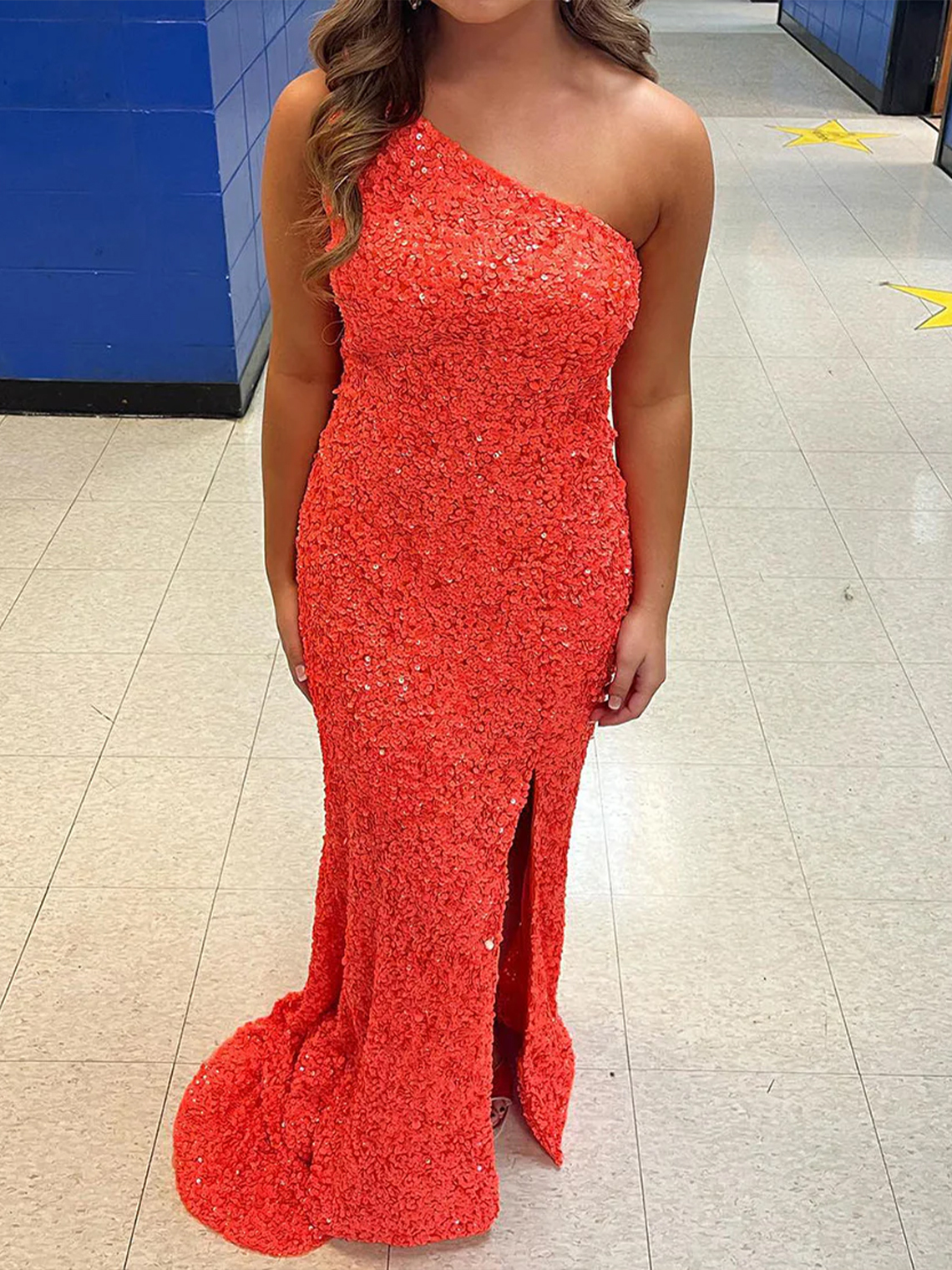 Glitter Mermaid One Shoulder Open Back Sleeveless Sexy Prom Dress
