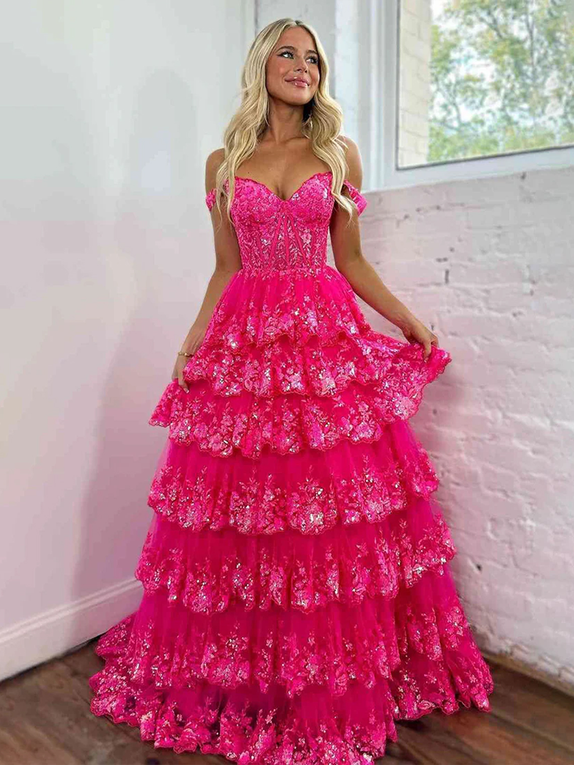 A Line Off the Shoulder with Appliques Long Prom Dress