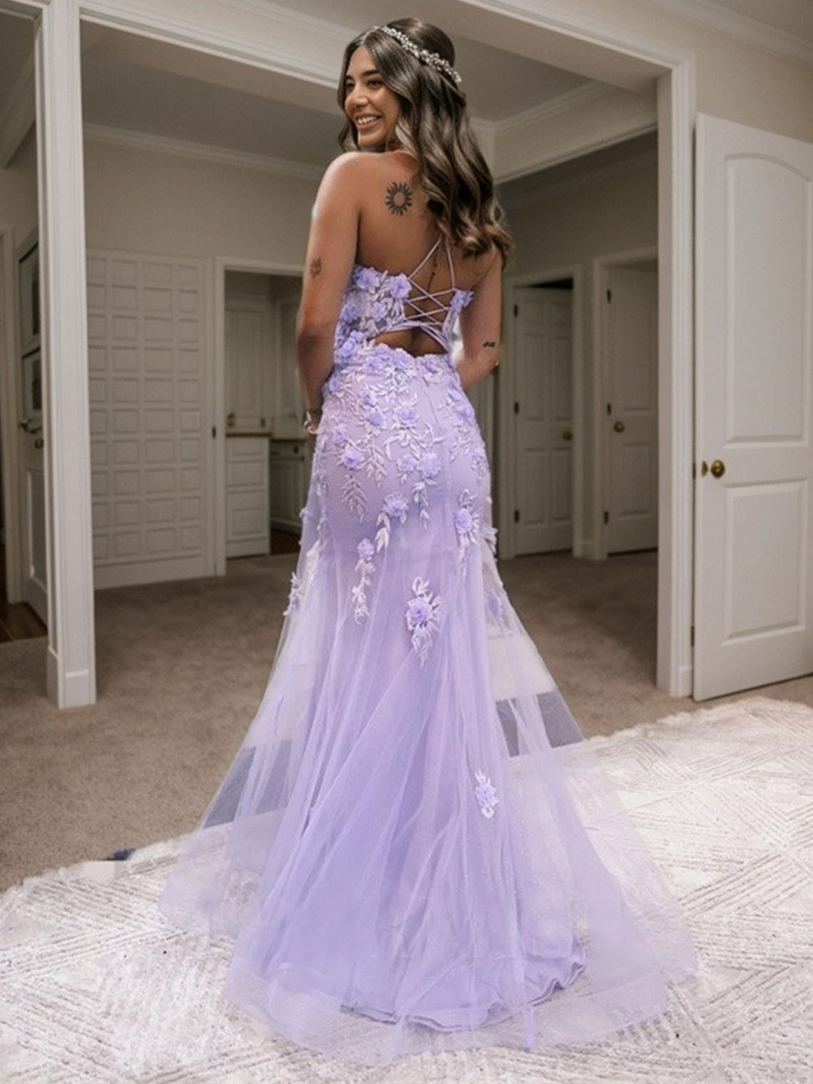 Lilac Tulle Lace Spaghetti Sleeveless With Appliques Long Prom Dress