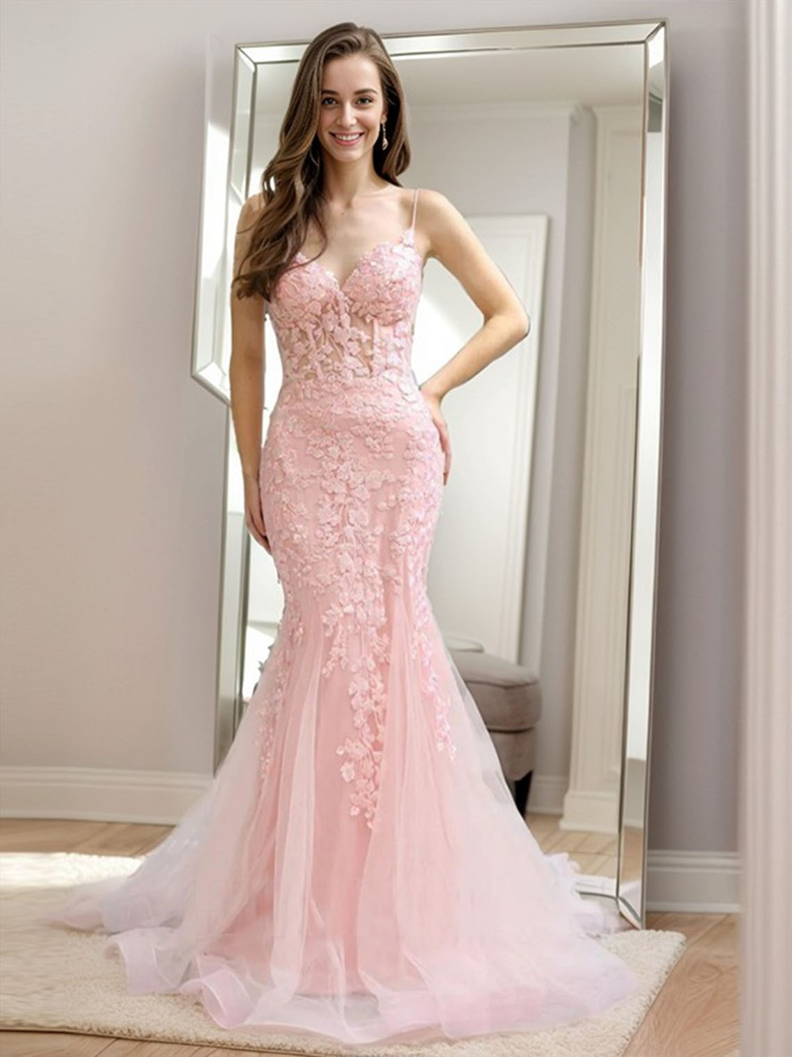 Sheath Tulle Lace V neck Sleeveless With Appliques Long Prom Dress