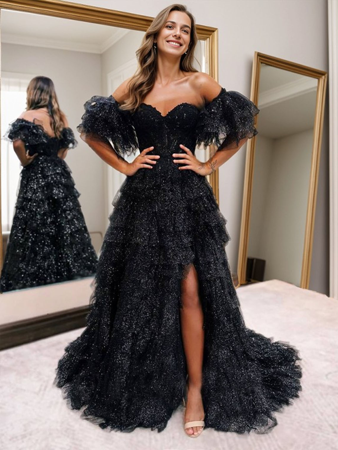 Black A line Tulle Short Sleeves Appliques With High Split Prom Dress