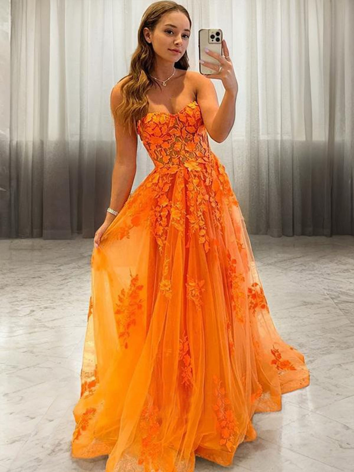 Orange A line Tulle Sweetheart Sleeveless With Appliques Prom Dress